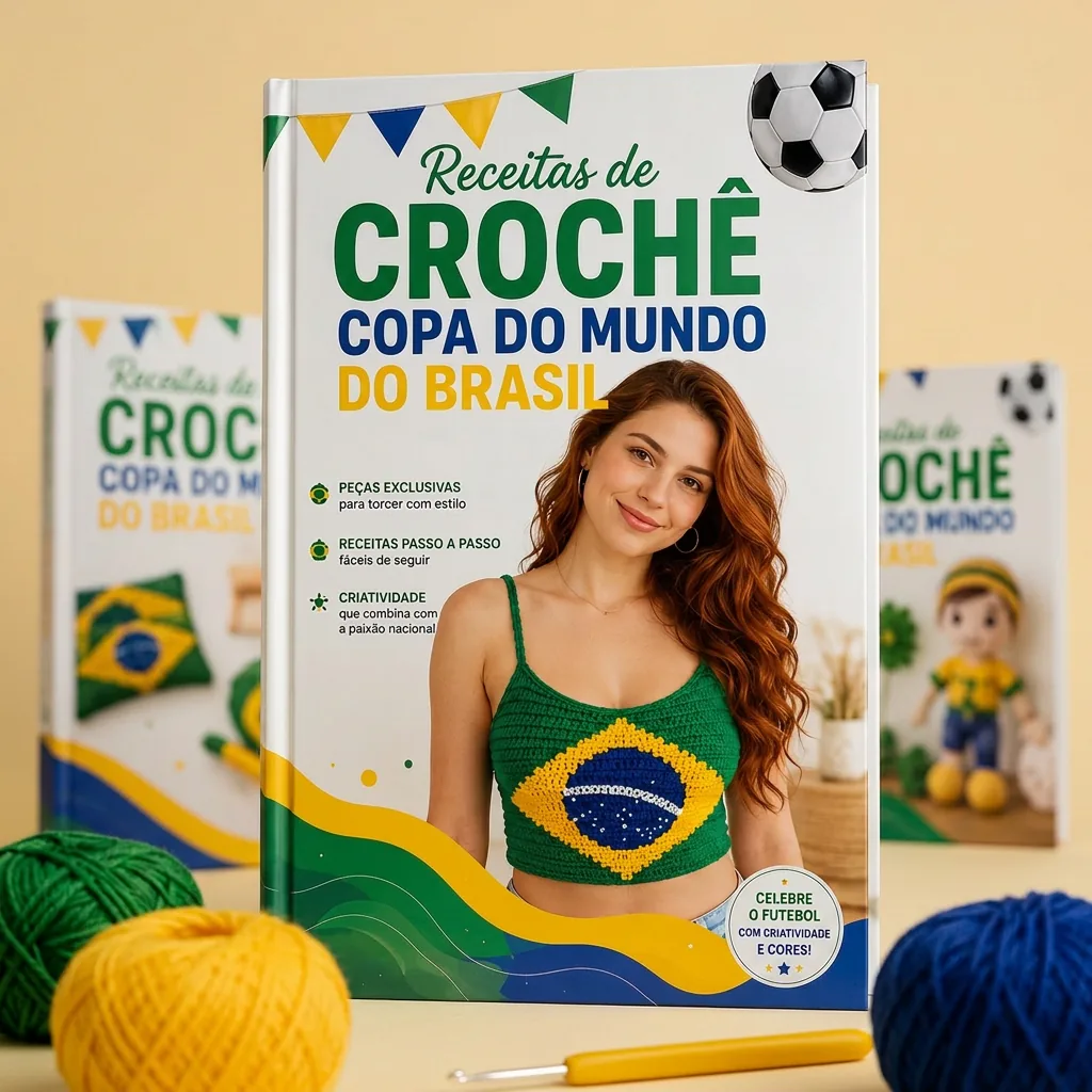 Coleção de receitas de crochê tema Copa do Mundo com bolsas, fios e gráficos